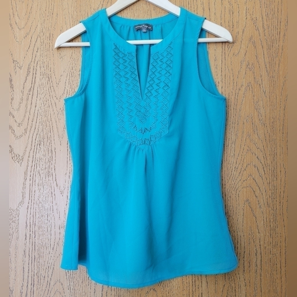 Market & Spruce teal semi sheer split vneck sleeveless flowy embroidered top S